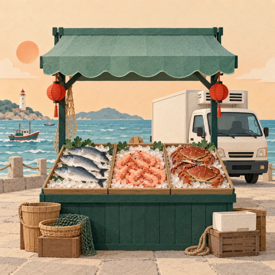 A seafood market stall with fresh produce on ice