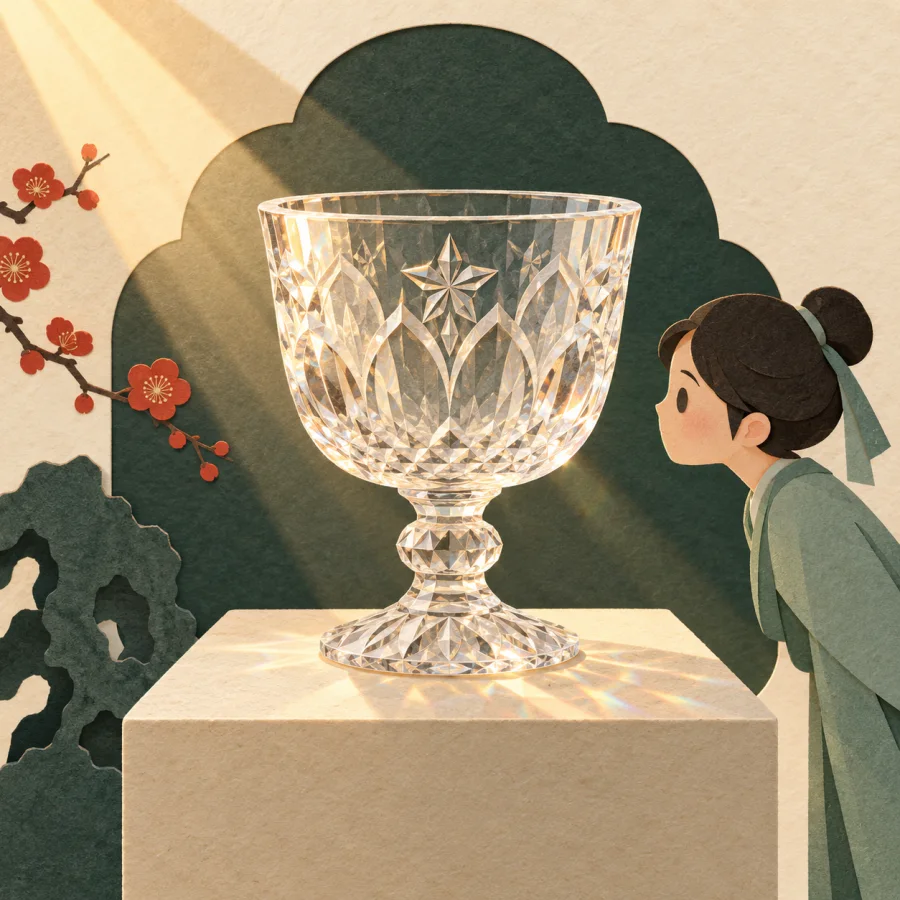 A crystal cup on a pedestal with light shining through