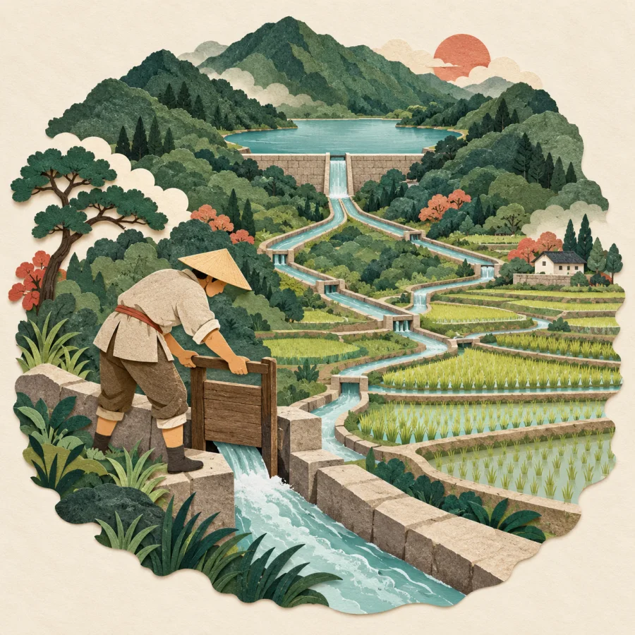 Canals carry water from a reservoir to green fields