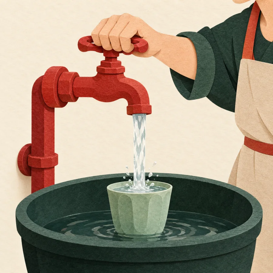 A person turns a faucet handle over a basin with flowing water