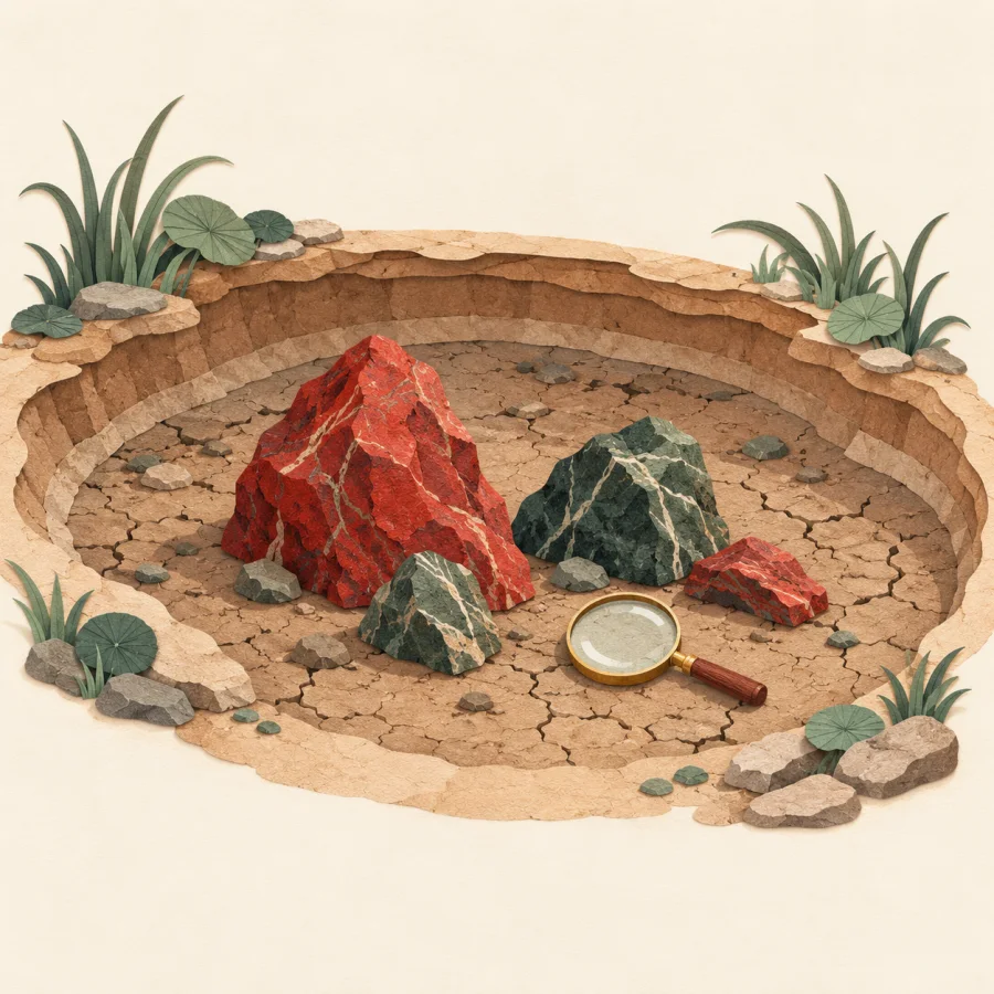 A drained pond with stones visible on its bottom