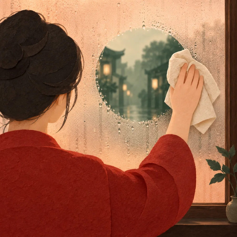 A person wipes a fogged window with a cloth, a blurred street outside