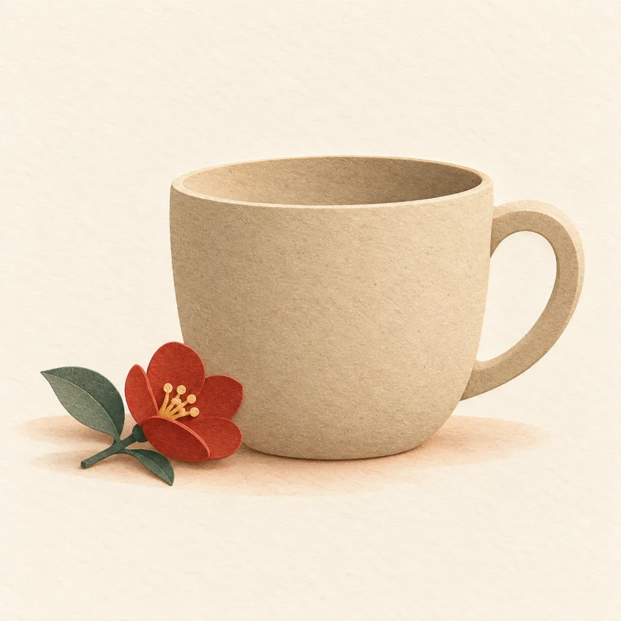 Eine schlichte Tasse neben einer Blume