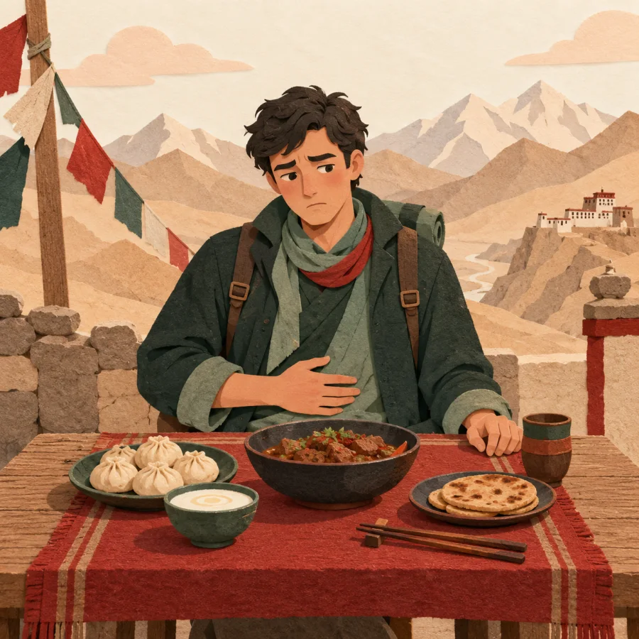 A traveler in the highlands holds his stomach before untouched local dishes