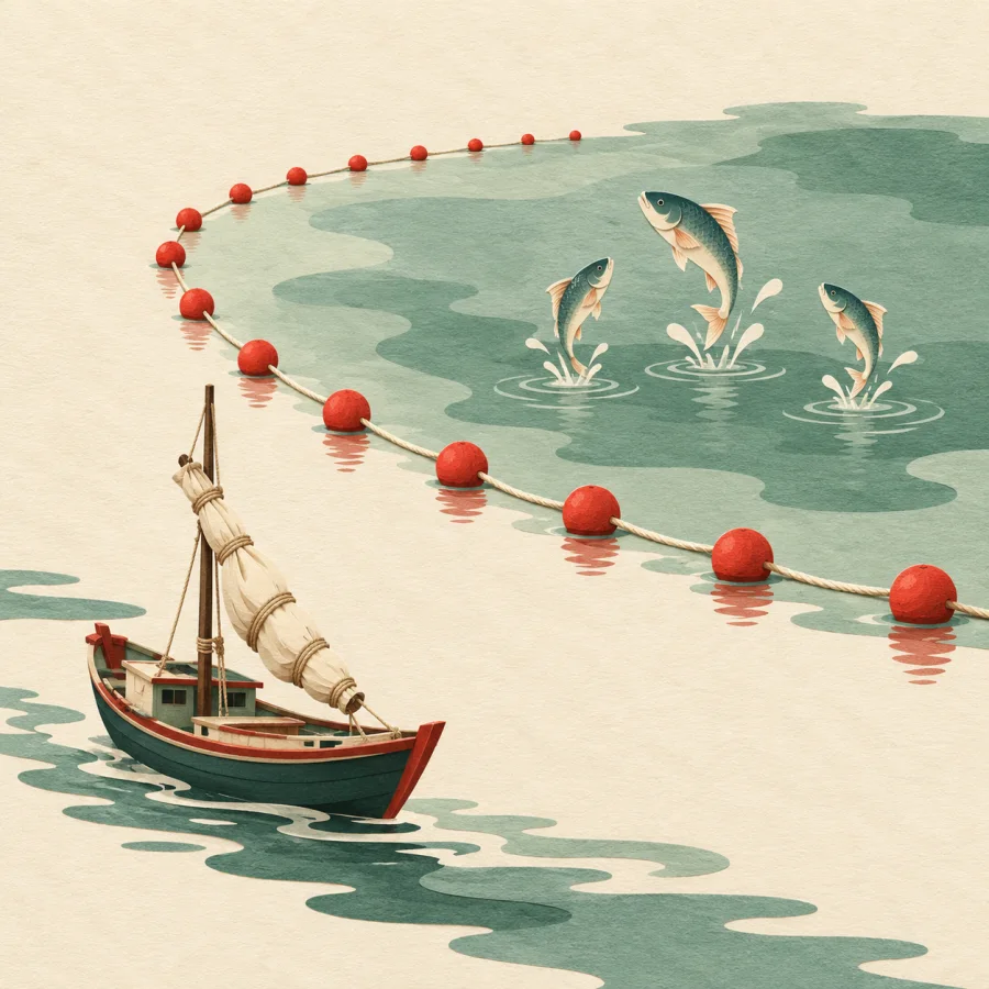 A boat stays outside a line of buoys, fish jump in the protected bay