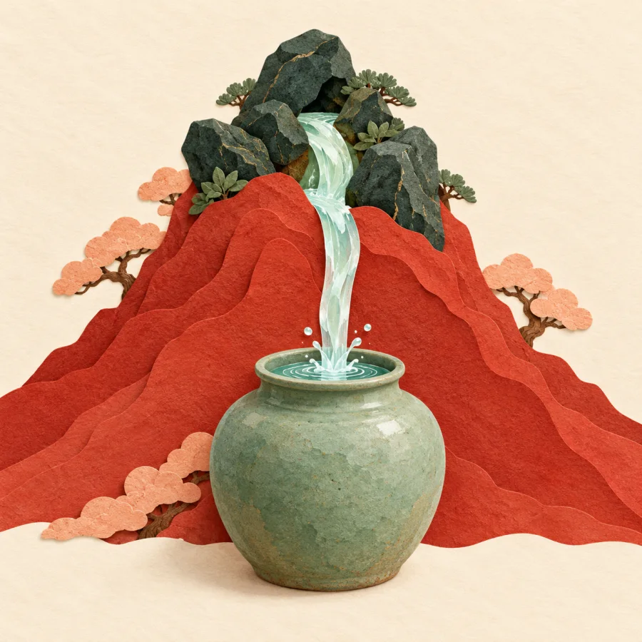 A mountain spring with a clay jar being filled below