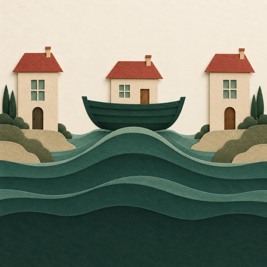 A boat rises with the rising water beside taller houses