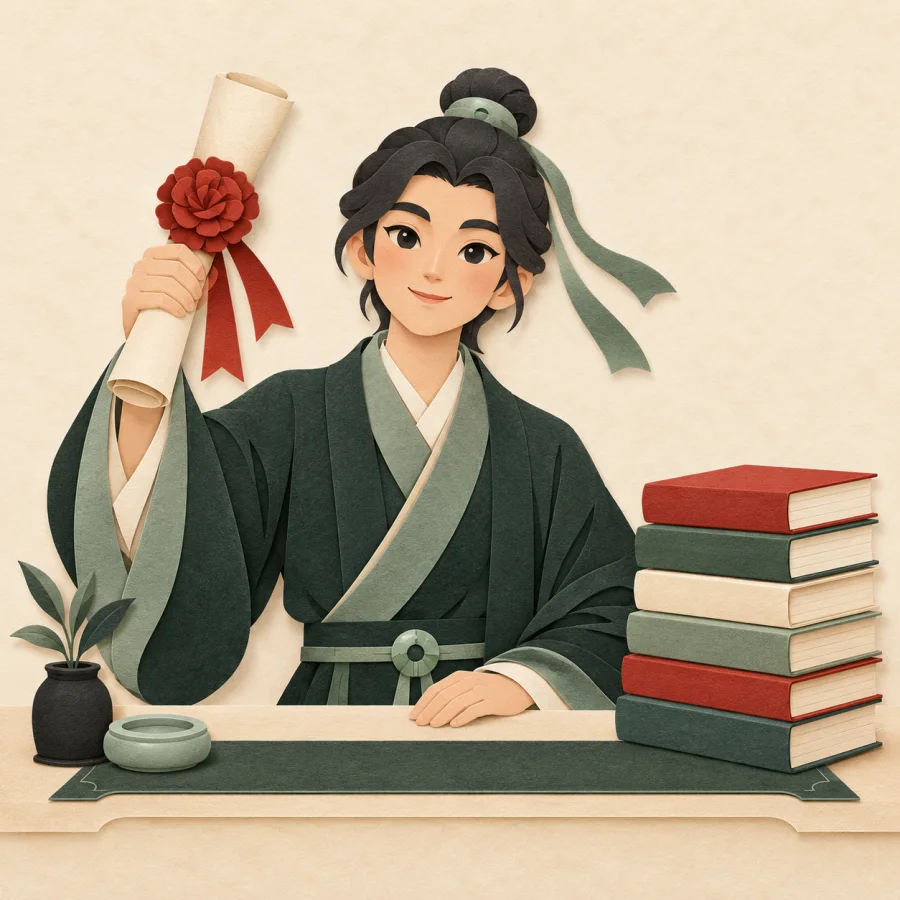A scholar shows a paper with a rosette beside a stack of books