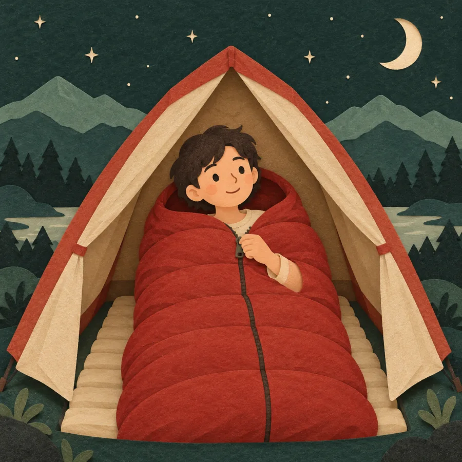 A person sleeping inside a red sleeping bag at a campsite.