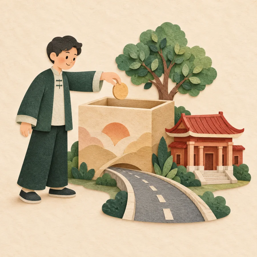 A citizen drops a coin into a public fund box by a building