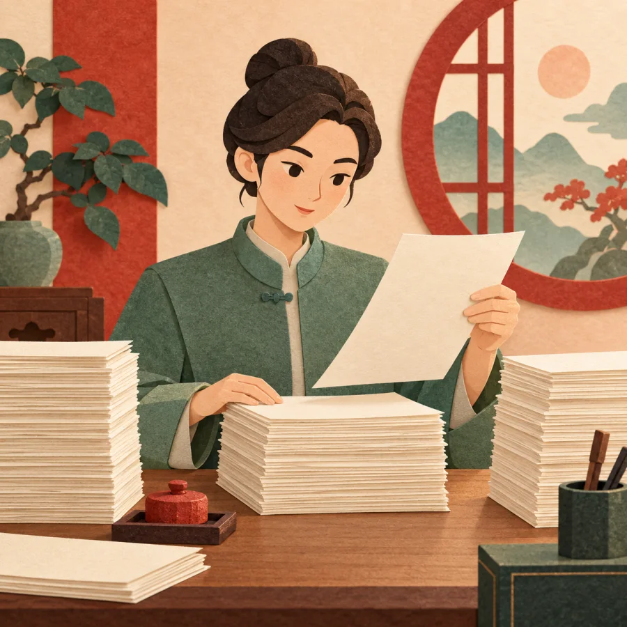 A clerk reviews stacks of papers with a red stamp on the desk
