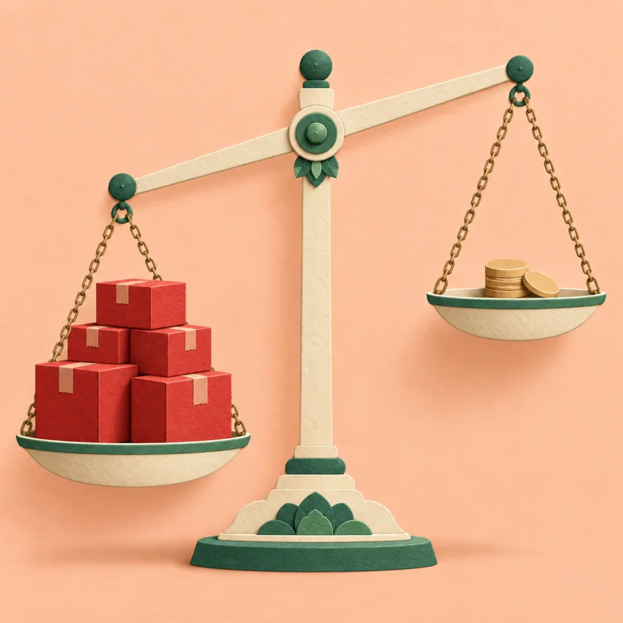 A scale with boxes of goods outweighing a few coins