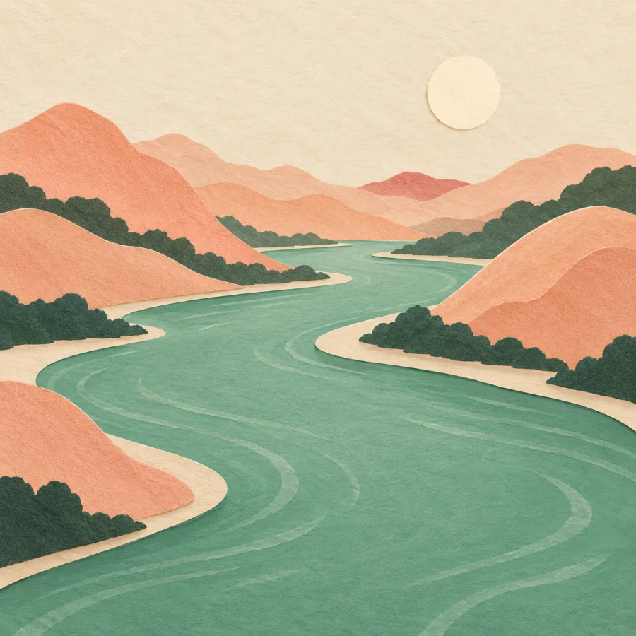 A smooth river flows freely between rolling hills