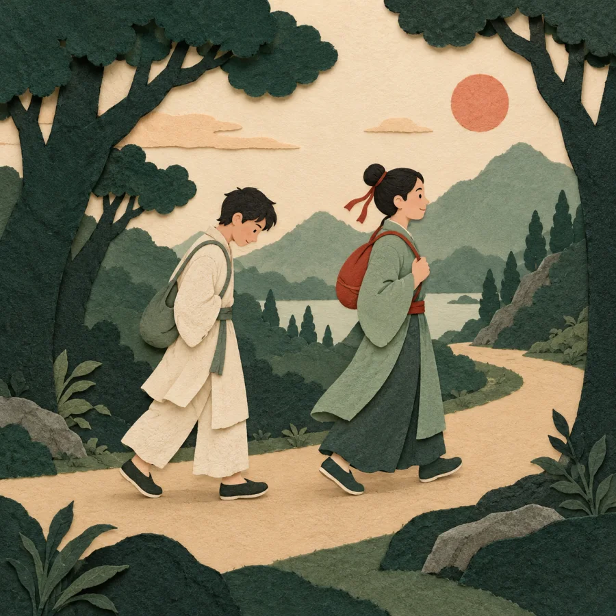 A person with lowered head walks behind another figure