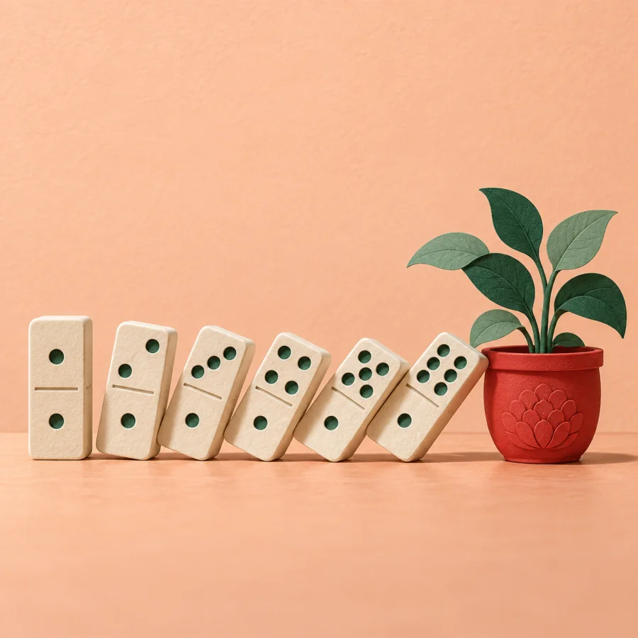 A row of dominoes falls one after another on a table