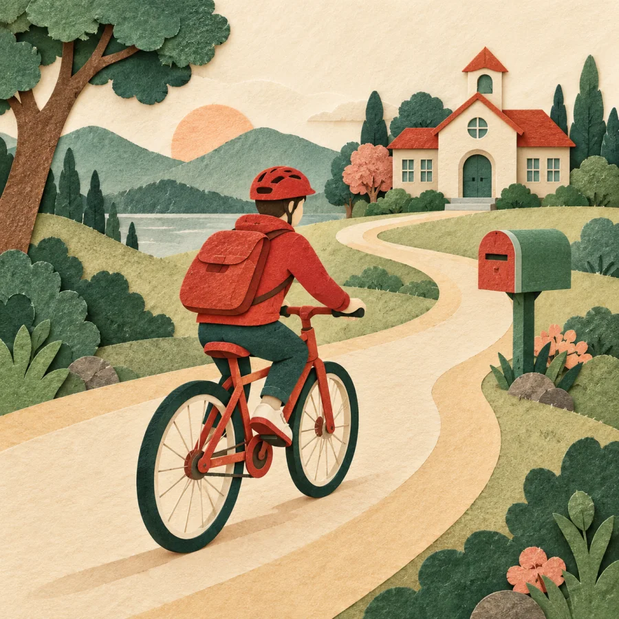 A cyclist rides along a winding road past a school and a mailbox