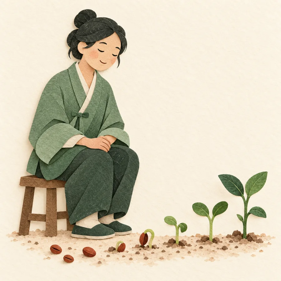 A gardener sits back watching small green sprouts grow from scattered seeds