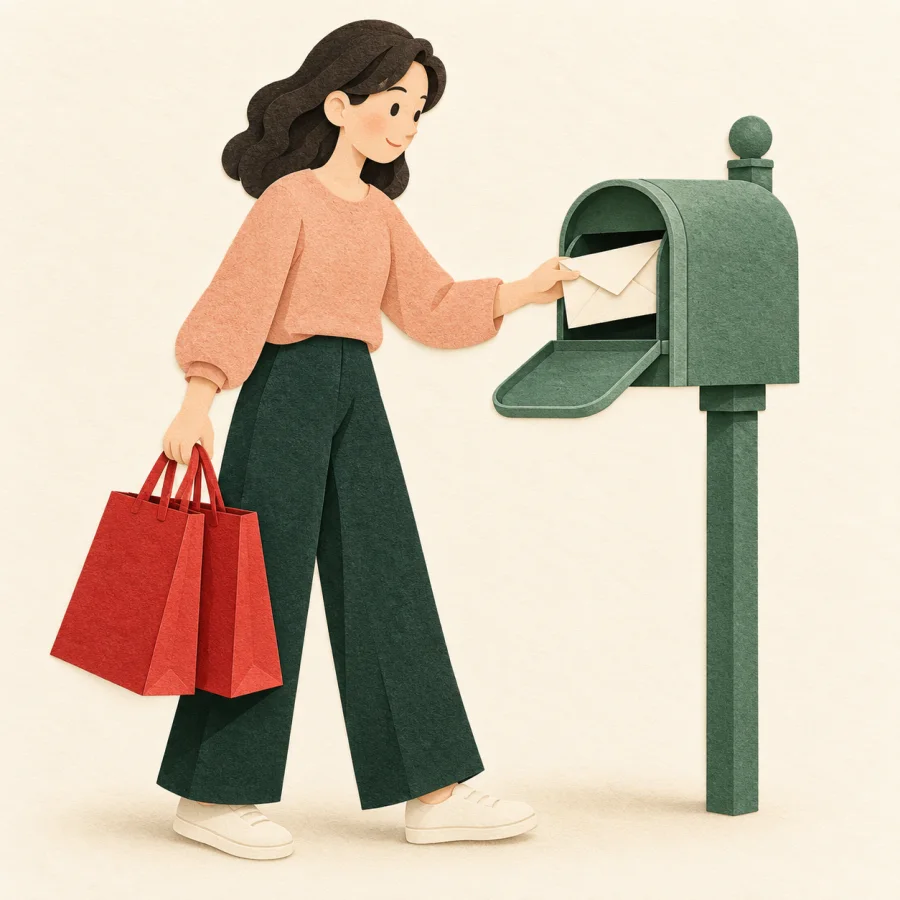 A person with shopping bags picks up a letter from the mailbox in one motion