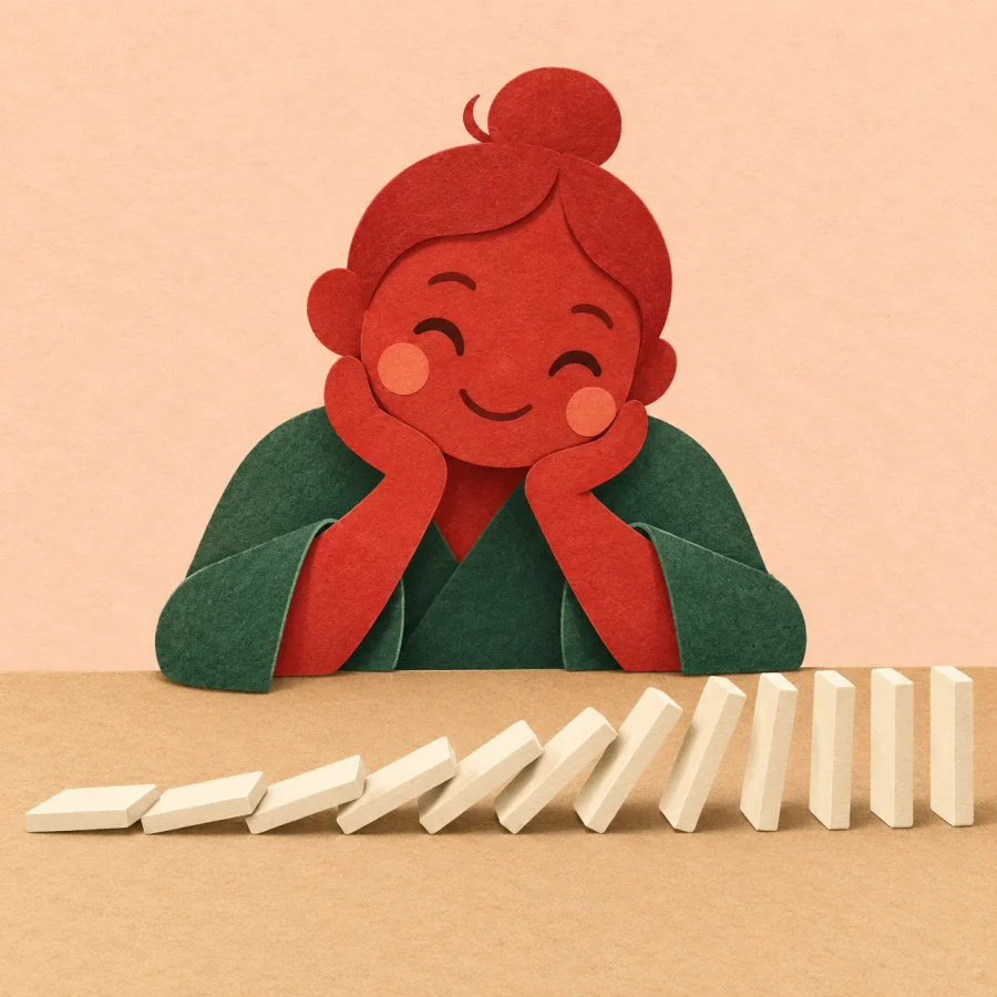 A smiling person watches dominoes falling in one perfect line across a table