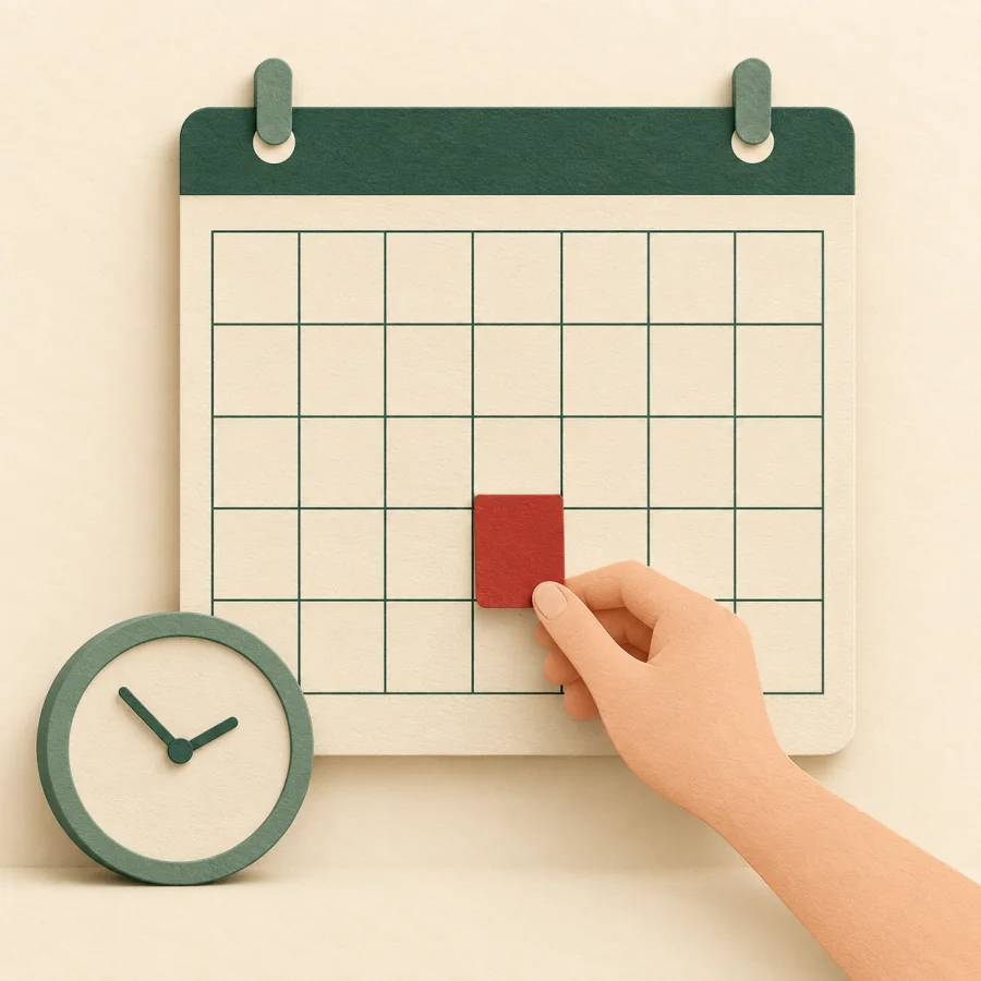 A person slides an appointment card one row later on a wall calendar