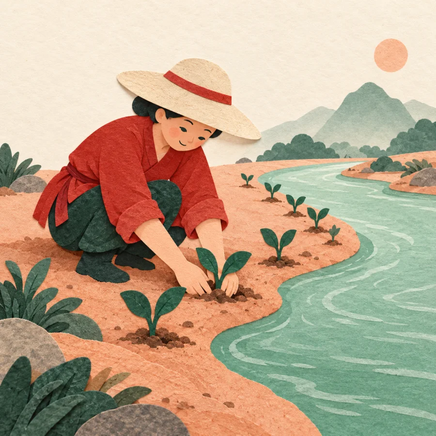 A gardener plants seedlings along the natural curve of a riverbank