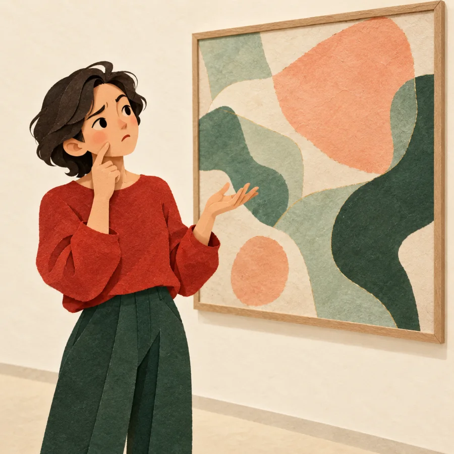 A puzzled person tilts their head while looking at an abstract painting