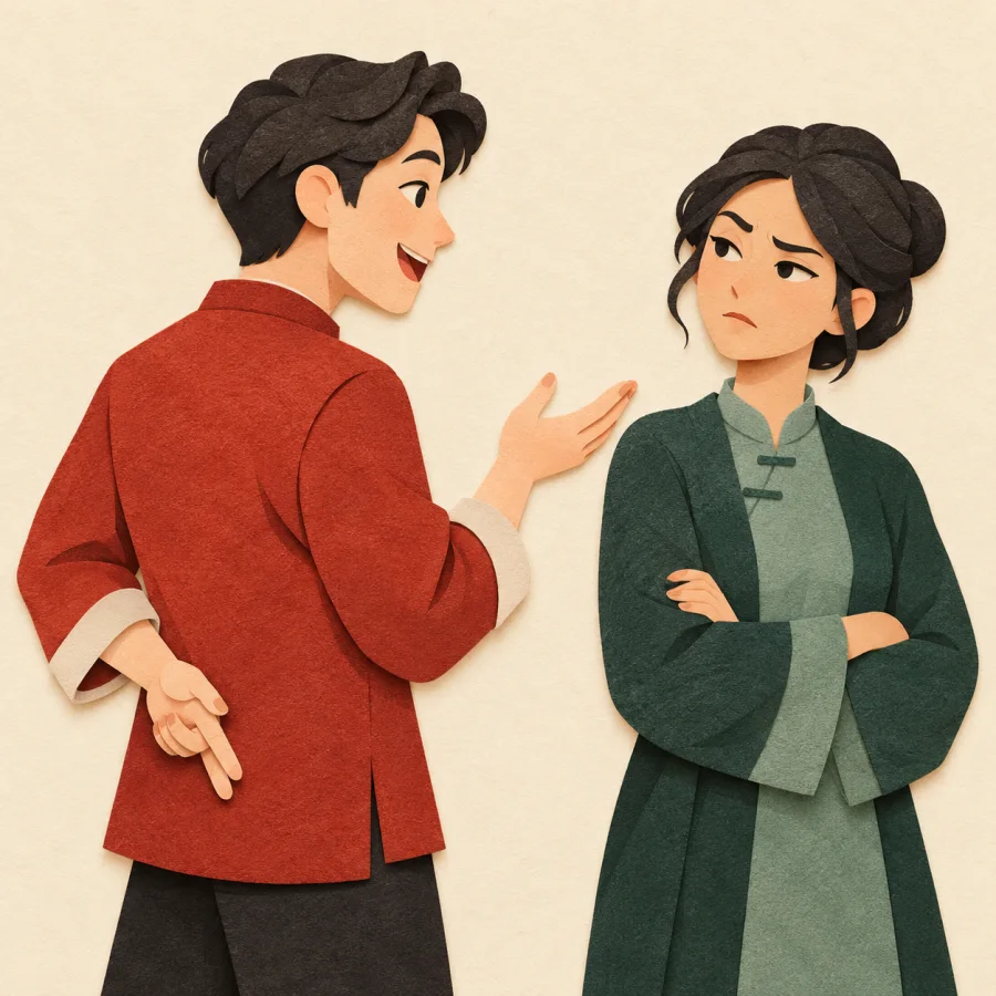 A person with fingers crossed behind their back talks to a doubtful friend