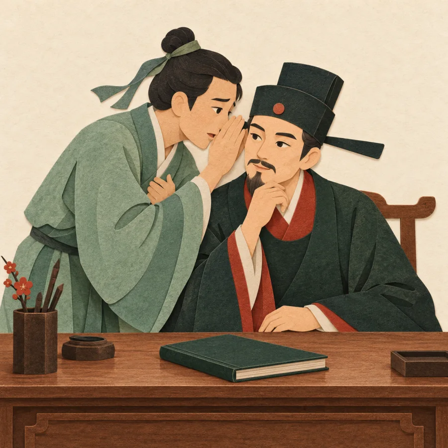 A person whispers a plea into an official's ear at a desk