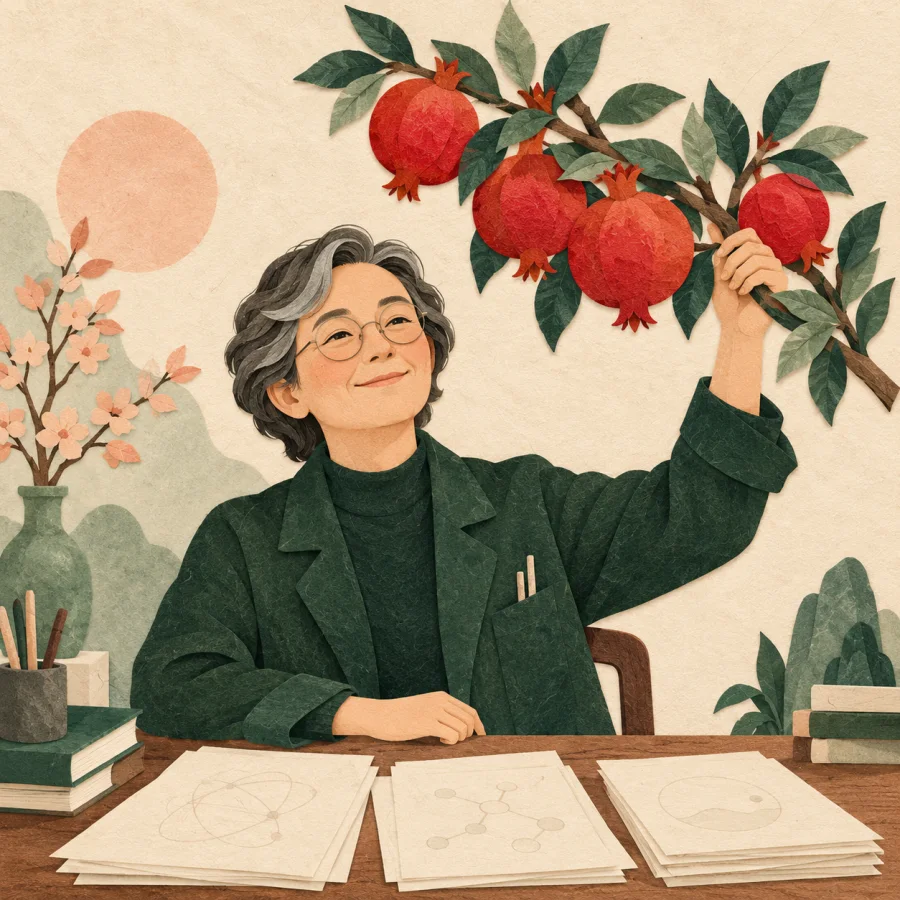 A scientist holds a branch bearing large fruits above research papers