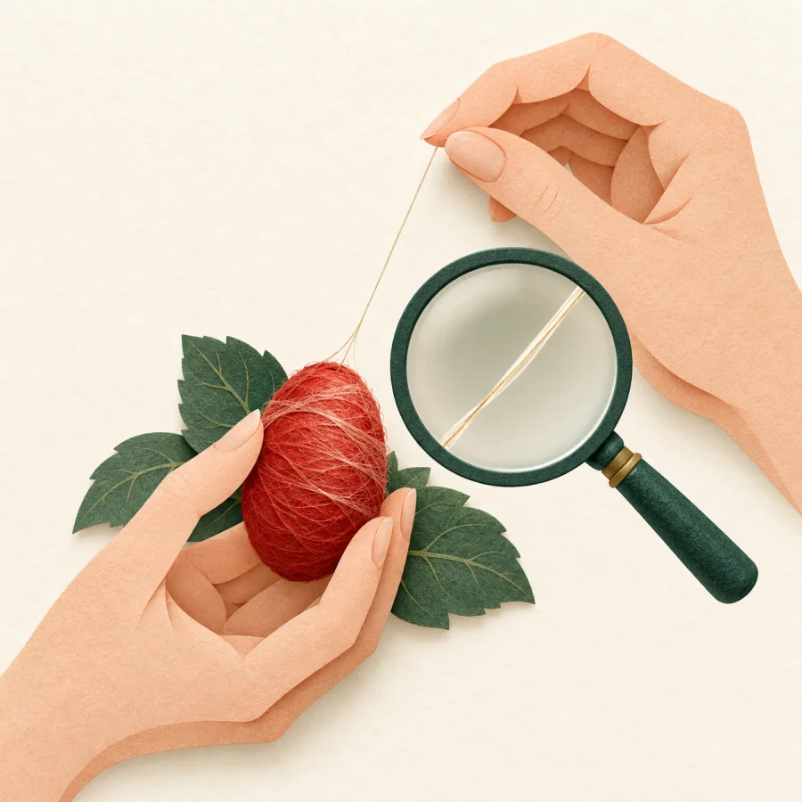 Hands draw a single thin glossy thread from a silkworm cocoon