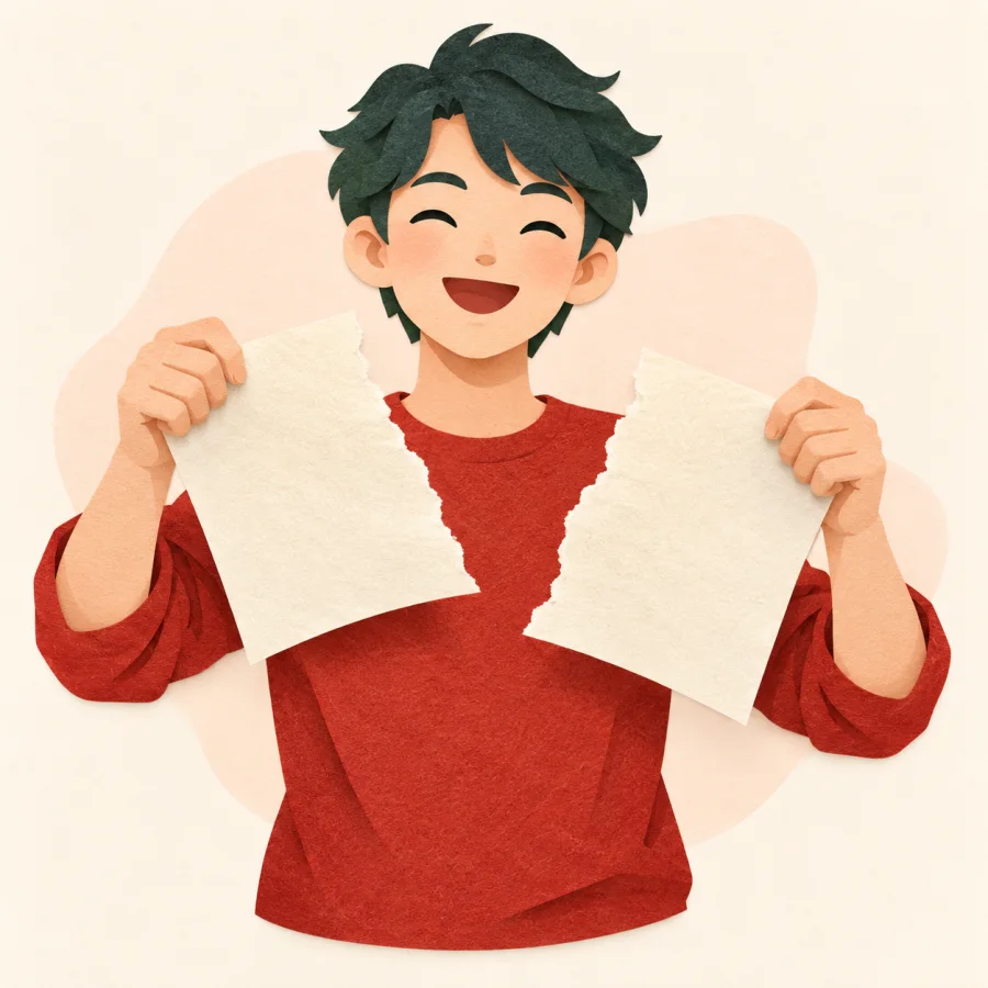 A person tearing a sheet of paper in half with both hands