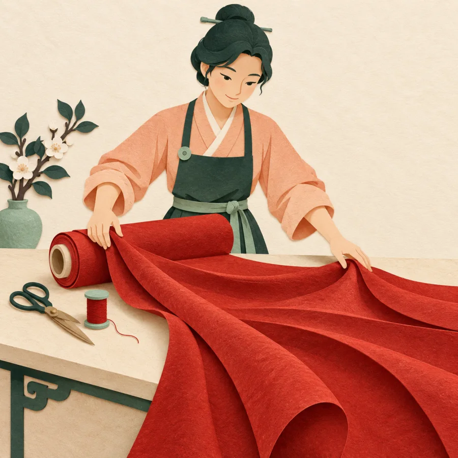 A bolt of red silk fabric on a tailor's cutting table