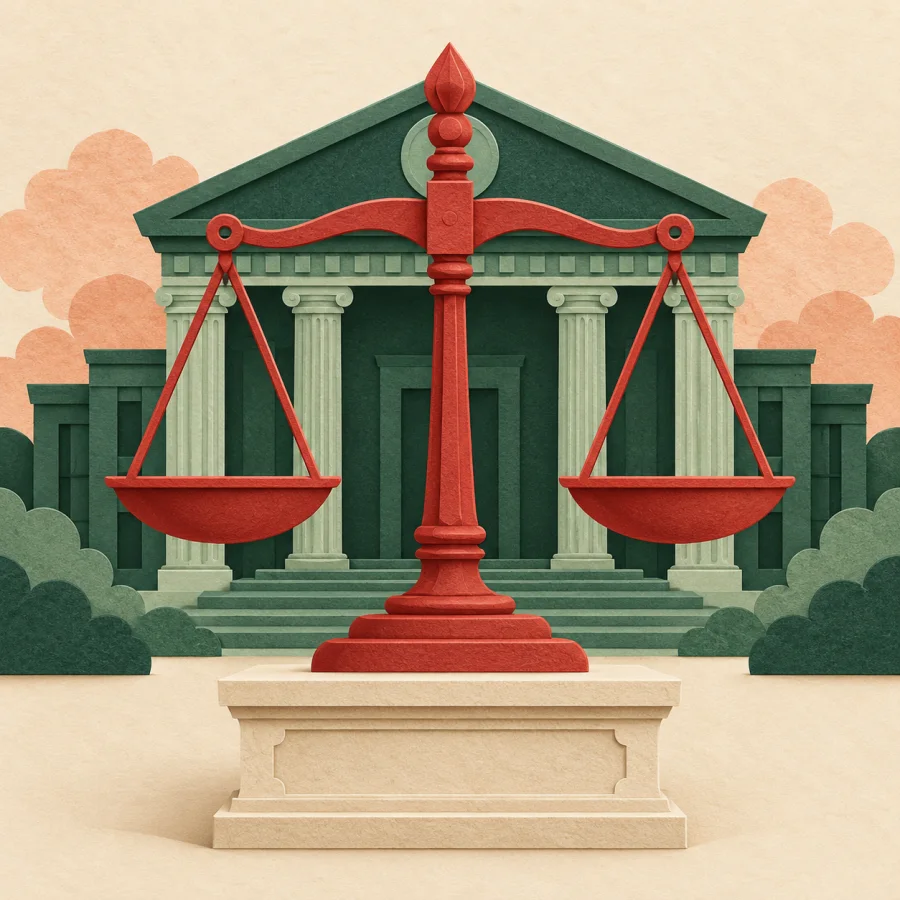 Scales of justice in front of a courthouse building