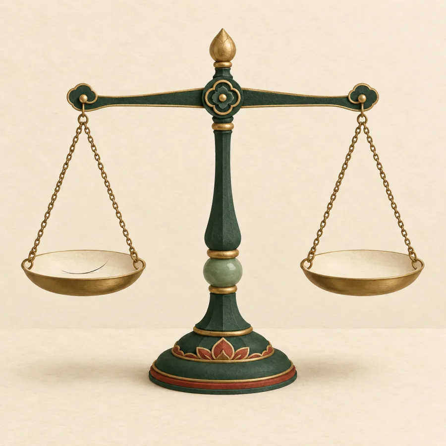 A tiny hair lies on one pan of a perfectly level balance scale