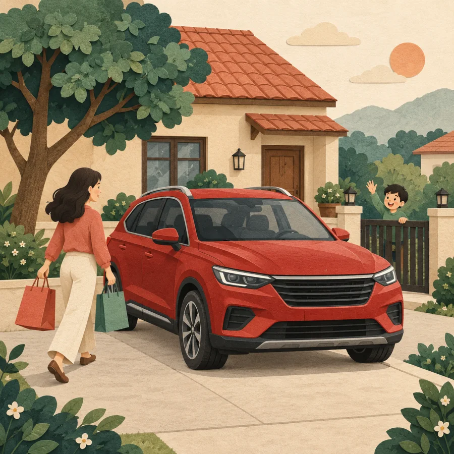 A red family car in a driveway, a woman carrying bags walks toward it