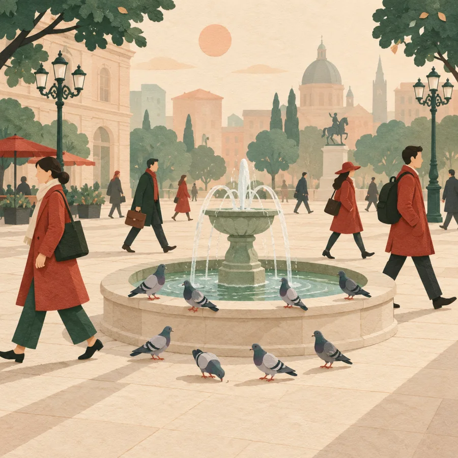 Passersby calmly walk past pigeons gathered around a fountain