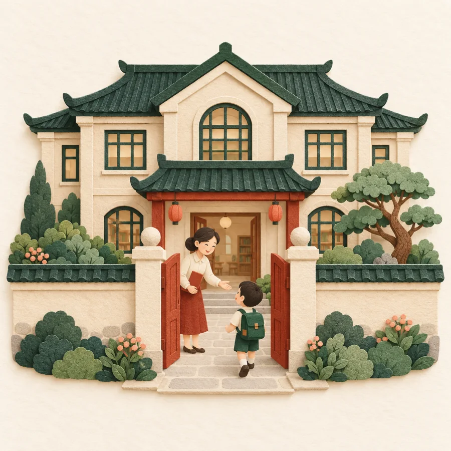 A teacher greets a child at the gate of a small private school
