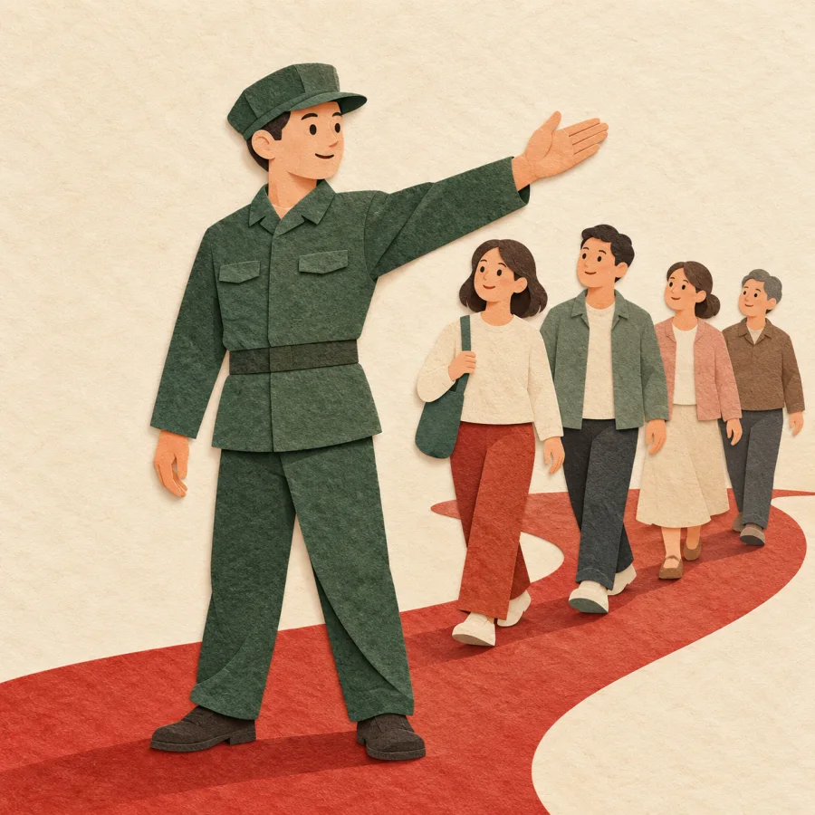A commander in a cap guides a group of people along a path
