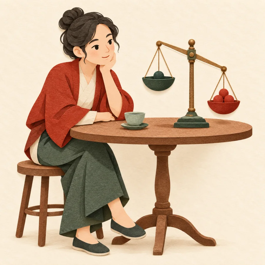 A person at a table gazes thoughtfully at a small balance scale
