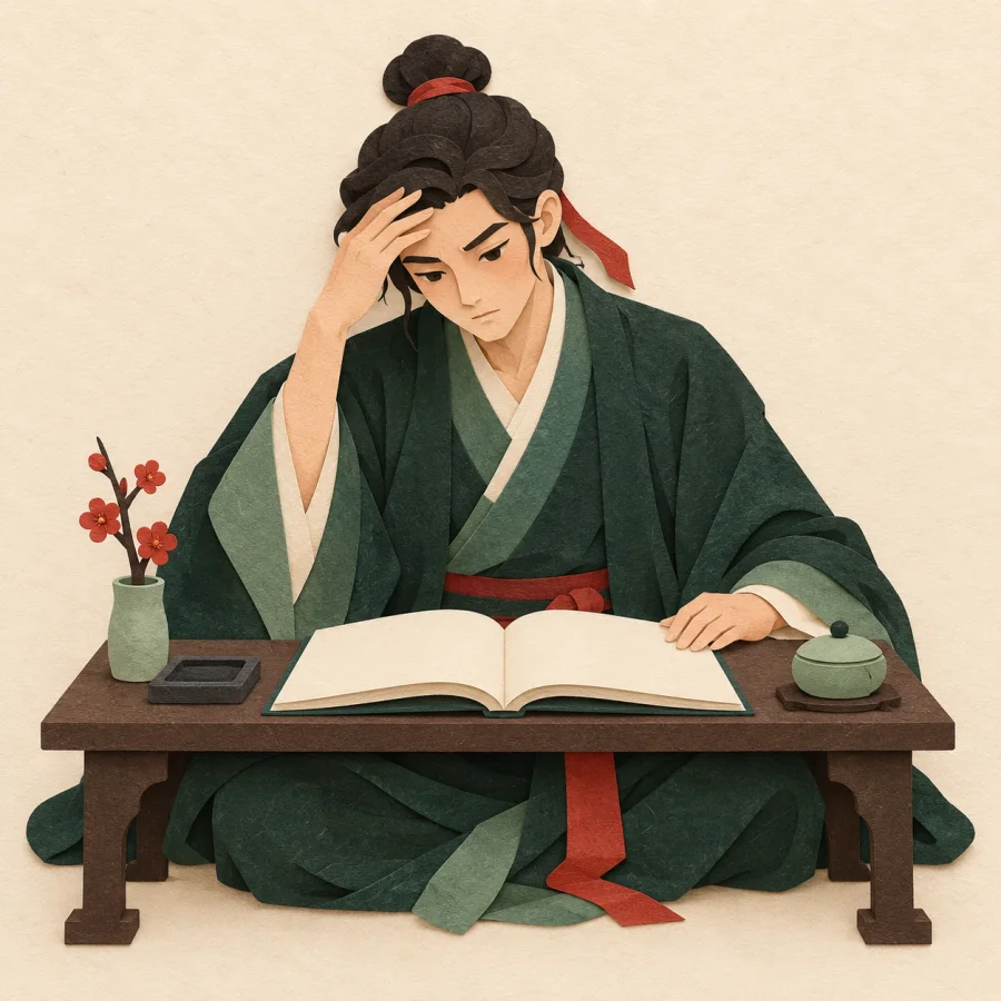 A person bends thoughtfully over an open book