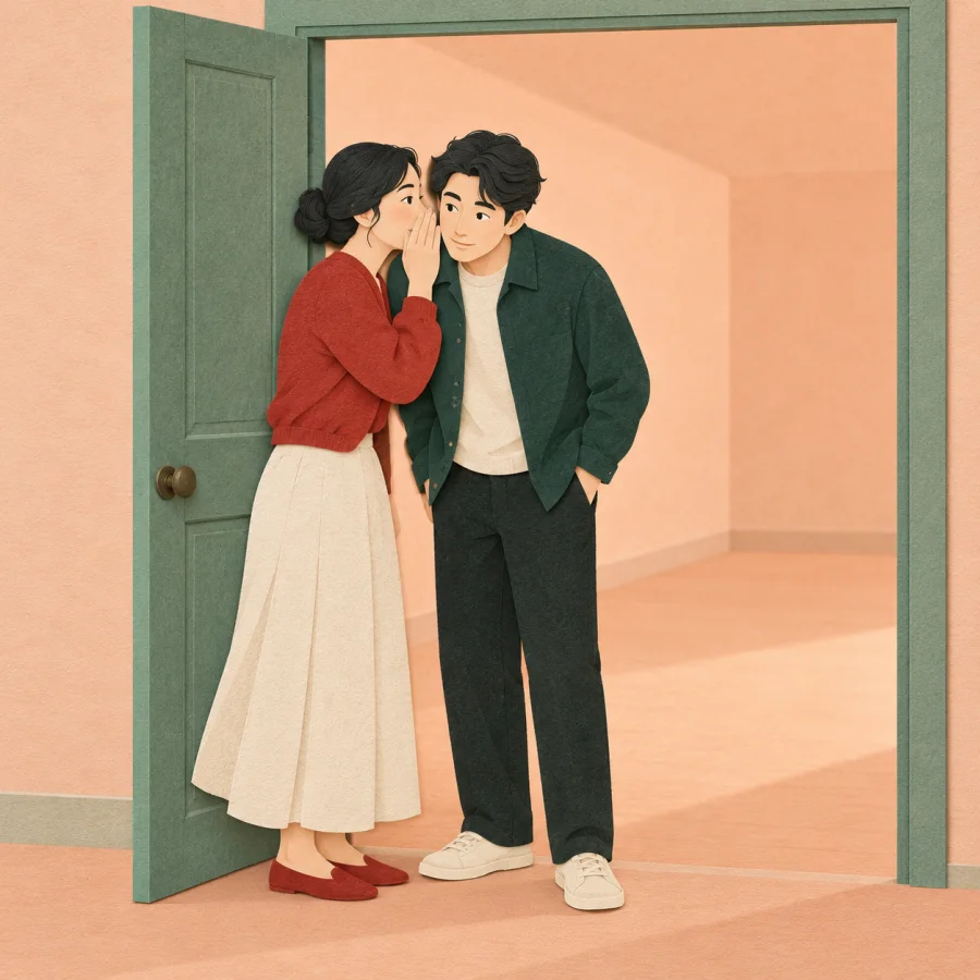 Two people whisper near a half-open door in an empty hall