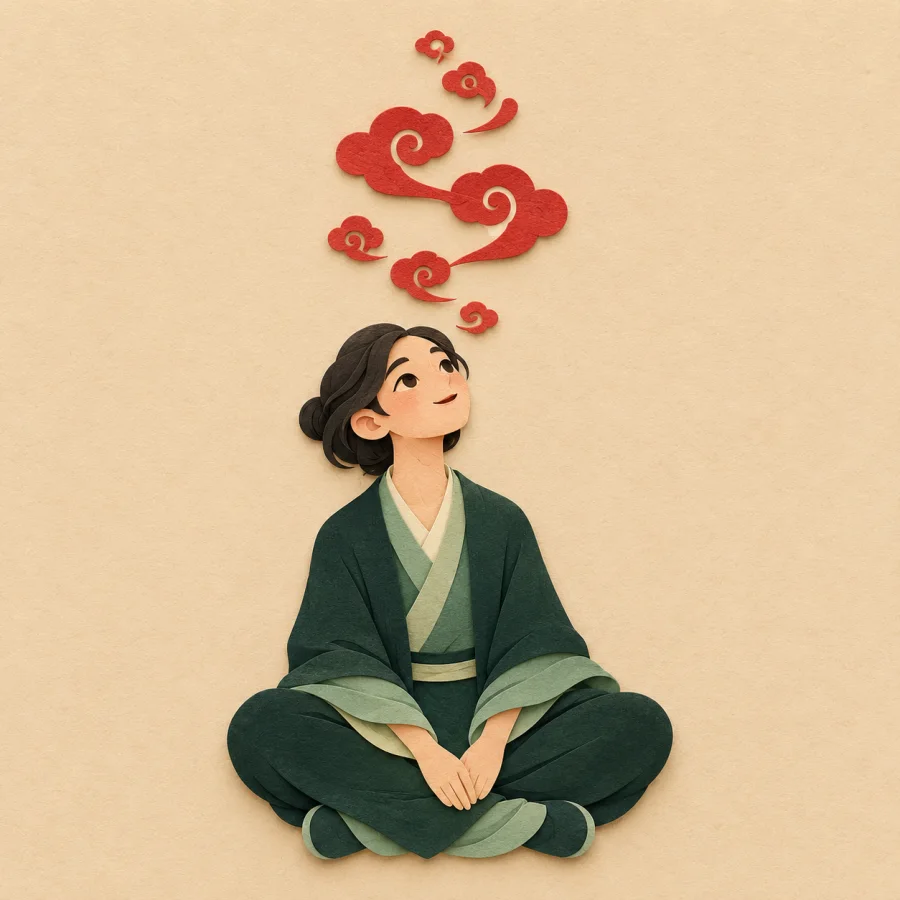 A person gazes at red swirls of thought above the head