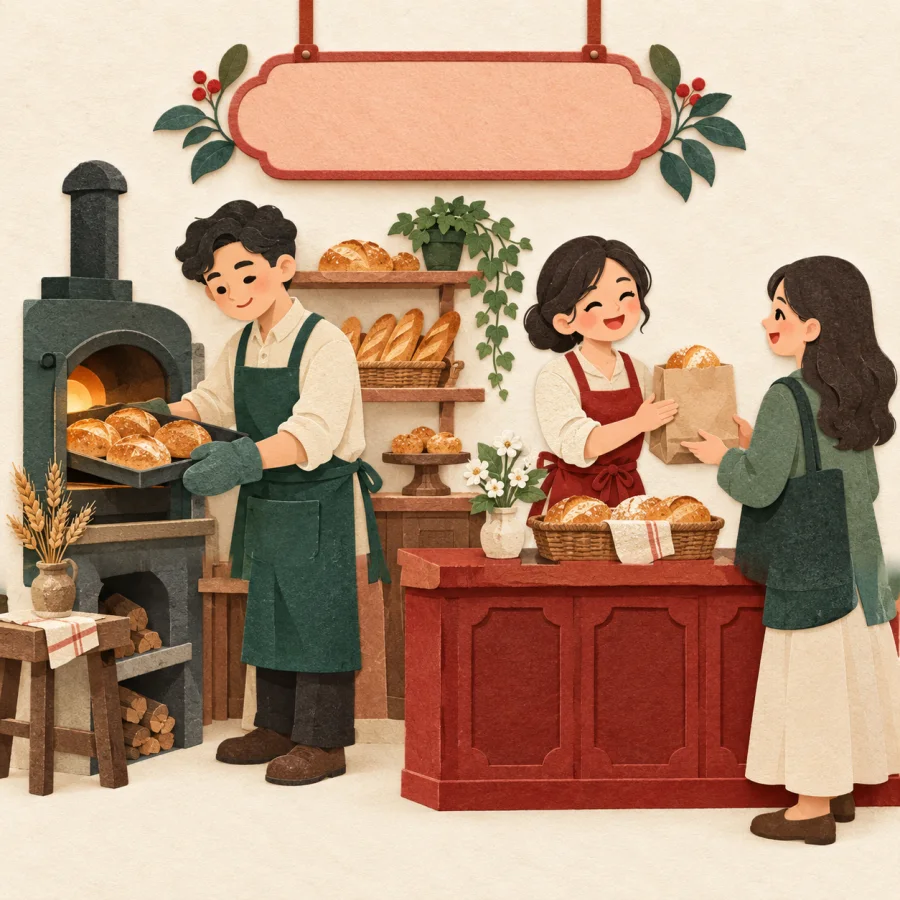 Two owners serve customers inside a small family shop