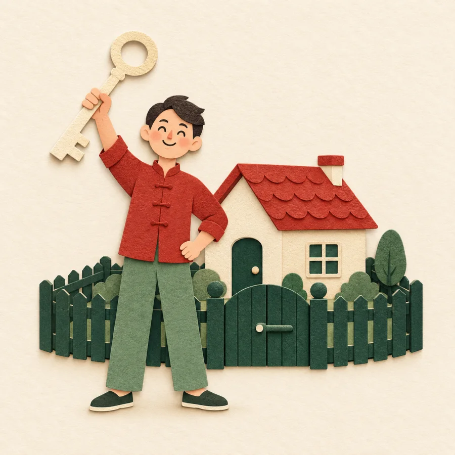 A person holds a large key beside a fenced little house