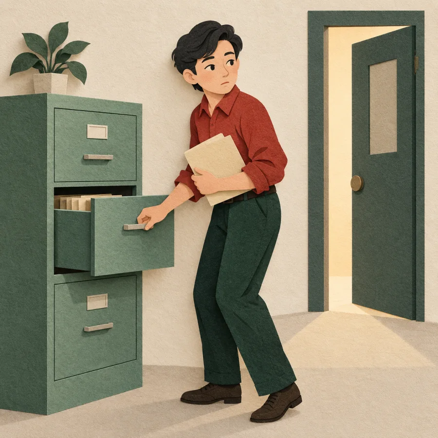 A man quietly opens a drawer and looks over his shoulder