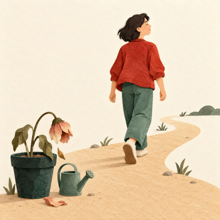 A person walks away from a wilted plant in a green pot