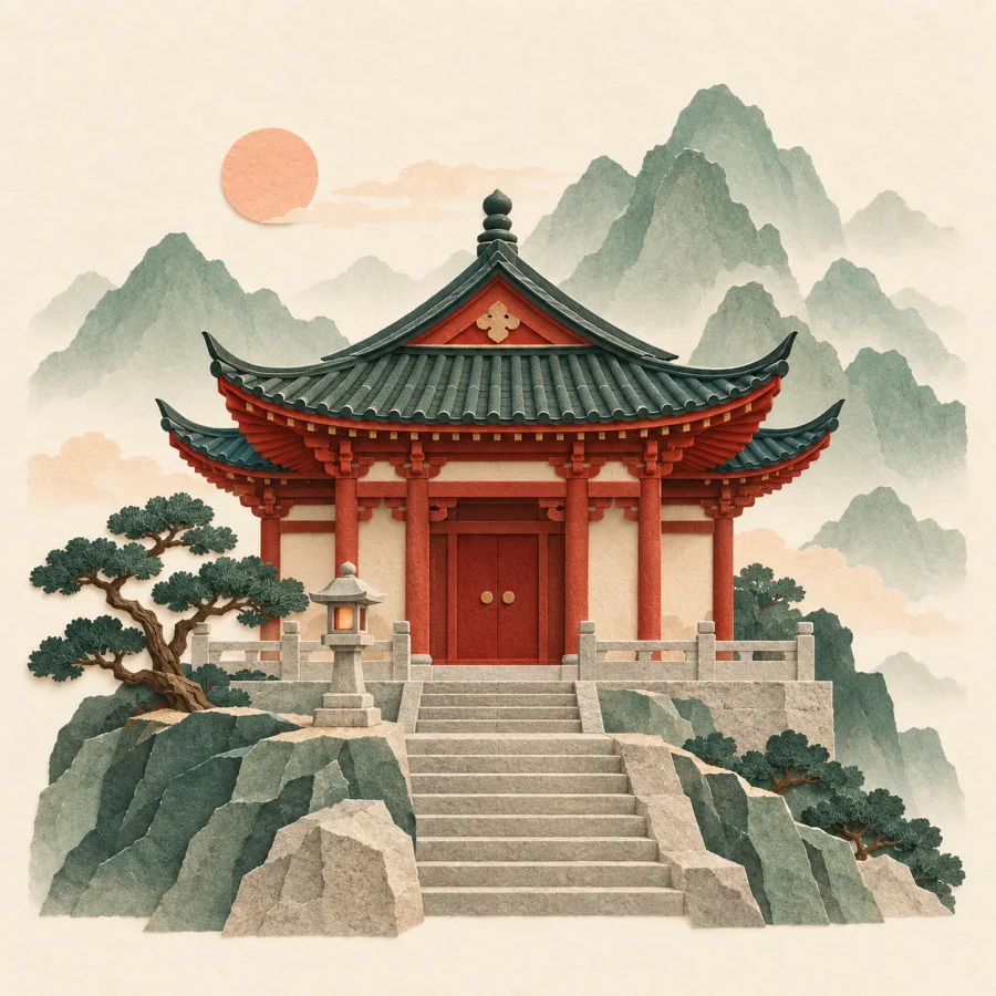 An old temple with a curved roof stands among mountains