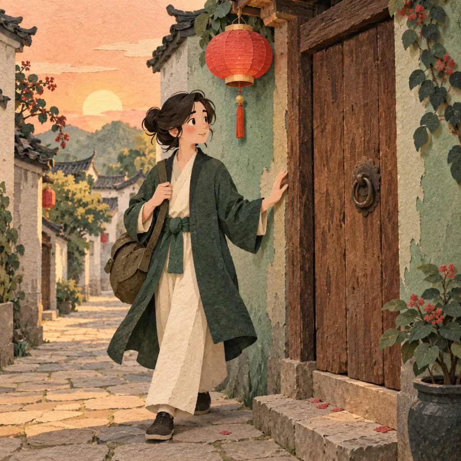 A person on an old street pauses by a familiar-looking lantern and door