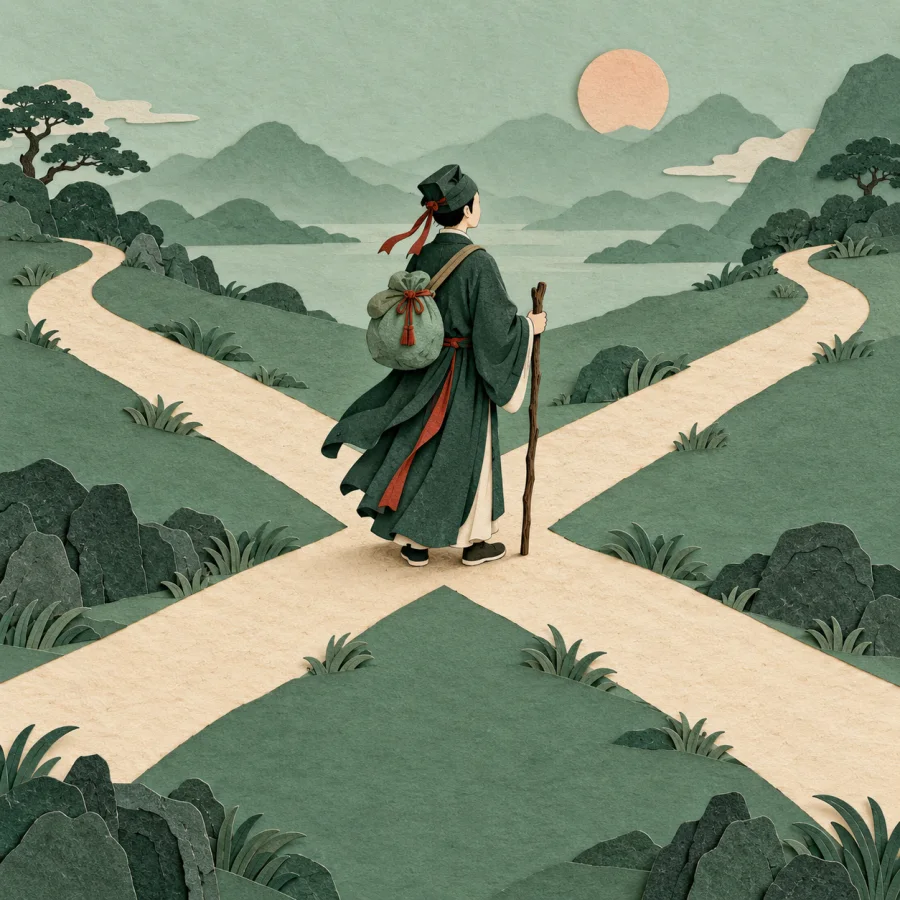A traveler with a staff stands where four roads diverge in all directions