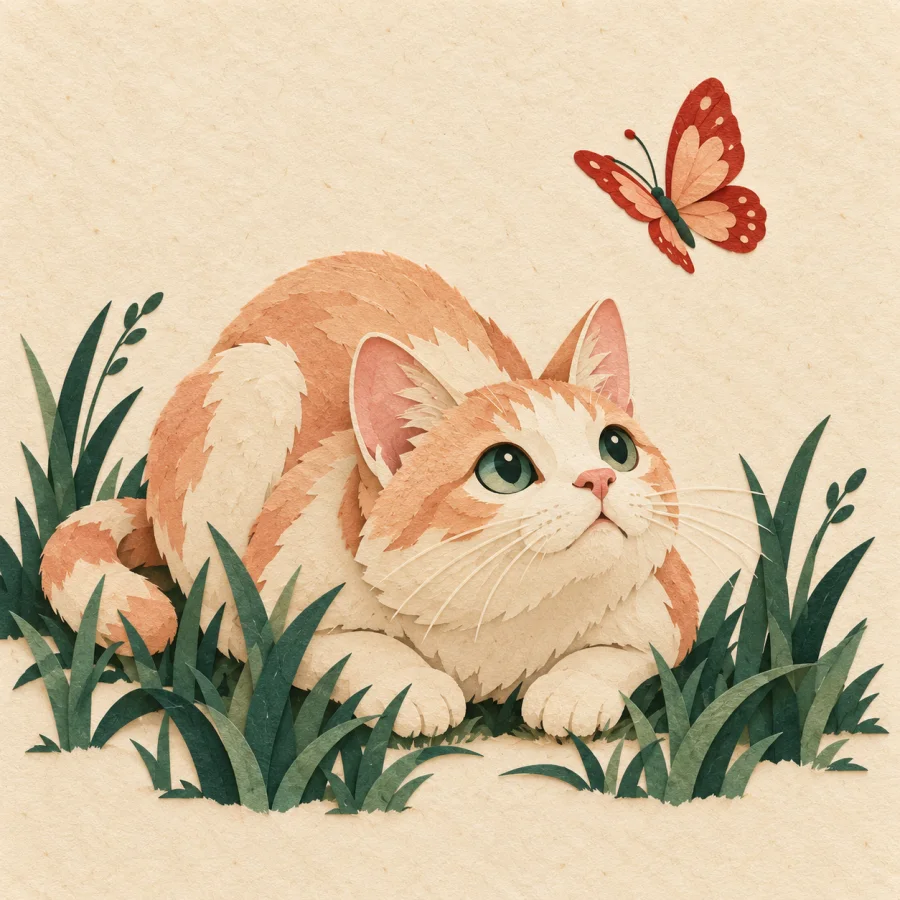 A cat hidden in grass watches a butterfly, ready to pounce